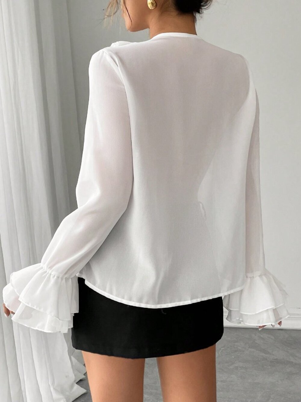 White Casual Women's Babydoll Ruffle V-Neck Long Sleeve Shirt with Tie-Up Detail - Picture 2 of 6